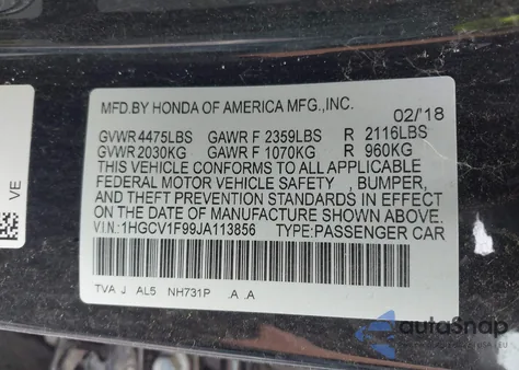 2018 Honda Accord Touring from USA, damaged, VIN 1HGCV1F99JA113856